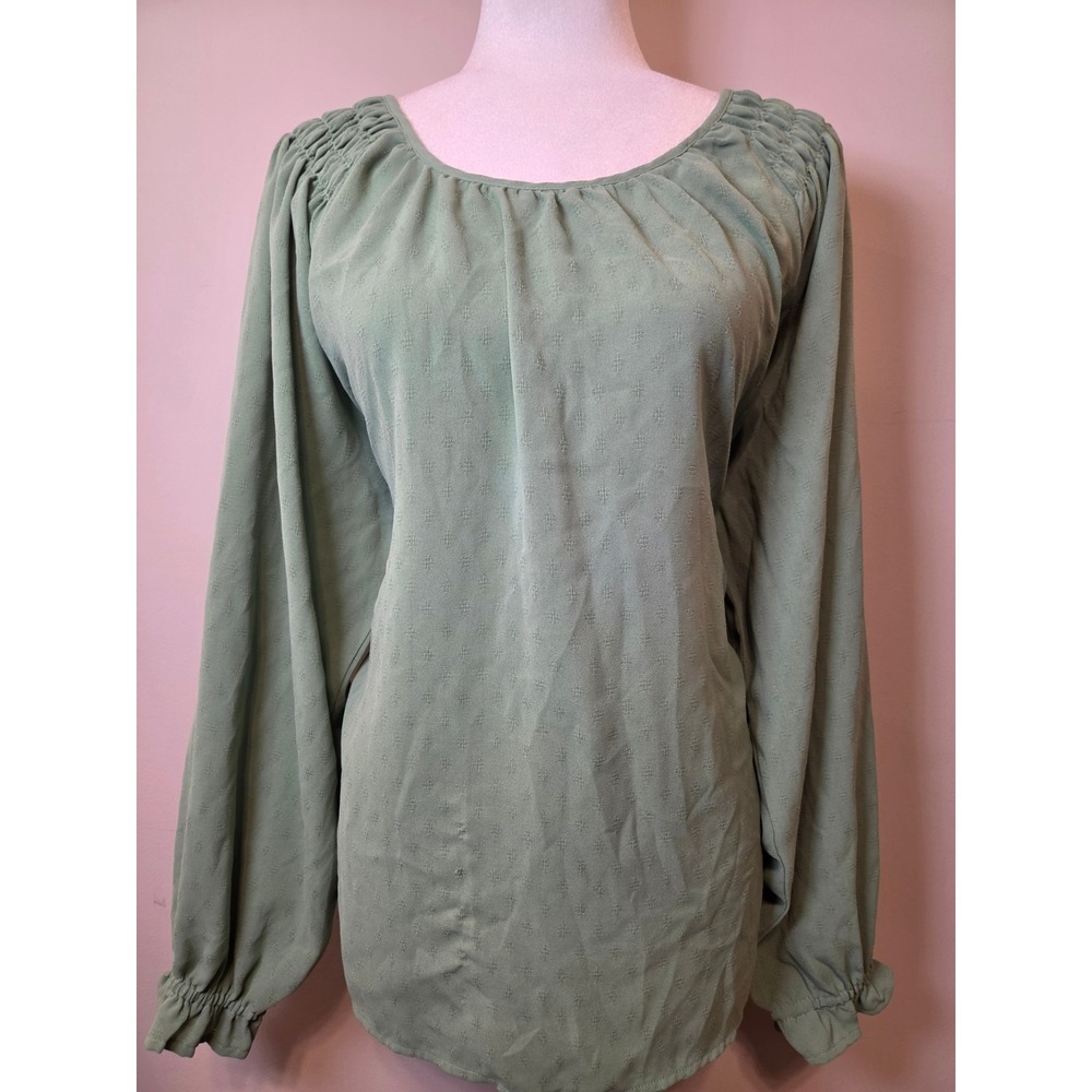 Jessica Simpson Sage Green Smocked Shoulder Dobby Blouse XXL Long Sleeve Top